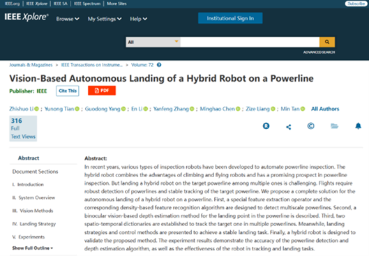 “Vision-Based Autonomous Landing of a Hybrid Robot on a Powerline”